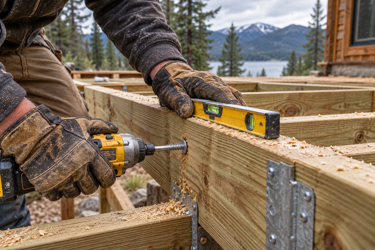 Carpentry reinforcement of cabin deck joists with structural screws and level in Jefferson County