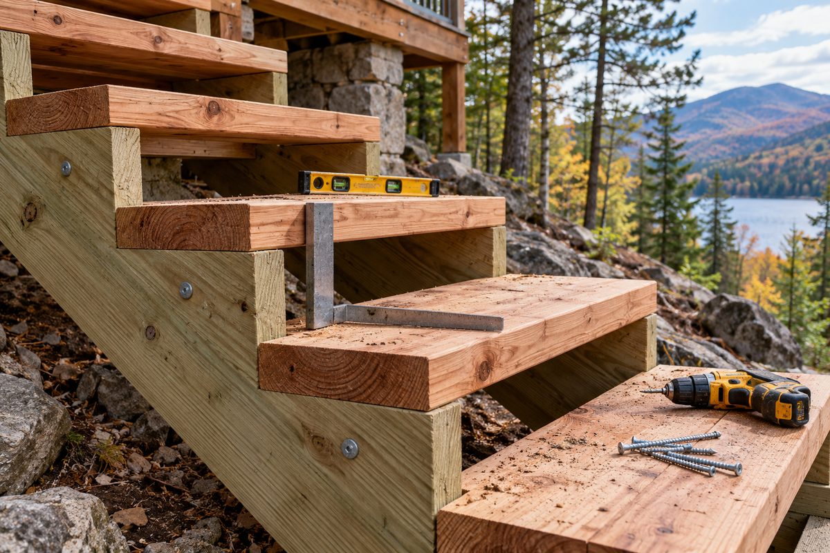 Rebuilding and leveling exterior timber cabin entrance steps in Jefferson County