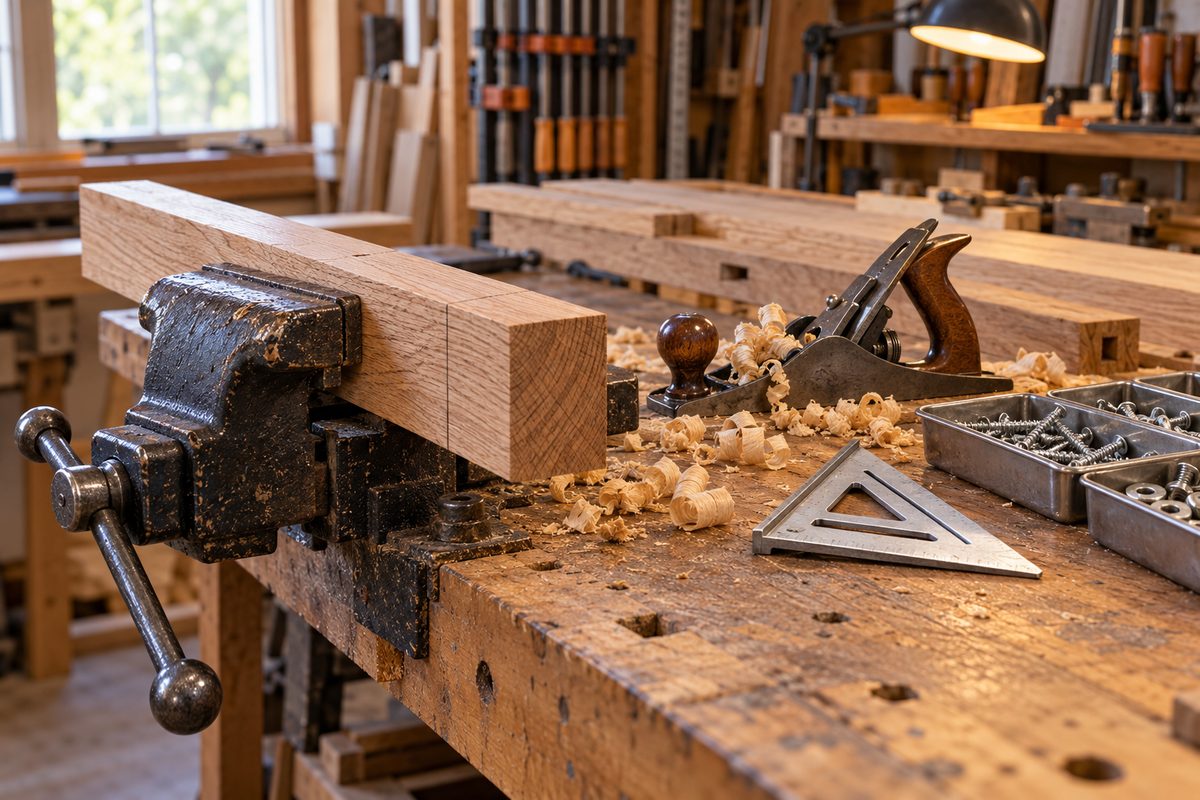 Workshop bench with hand tools, hardware sorting trays, and timber stock.